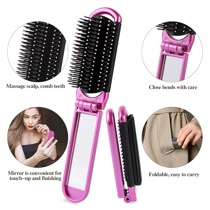 Sliverdew Travel Hair Brush, 2 Pieces, Folding Hair Brush with Mirror, Compact Hair Comb, Portable, Collapsible Pocket Brush, Small, for Women, Silver & Purple