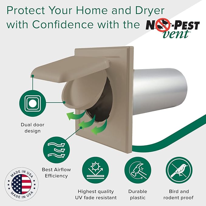 NO-PEST VENT, Exclusive Dual Door Dryer Vent Cover Outdoor 4 inch with Collar, Made in USA w Highest UV Resistant Plastic in any Outdoor Vent Cover (Wood Stock Brown, 4" Plastic WIth Collar)