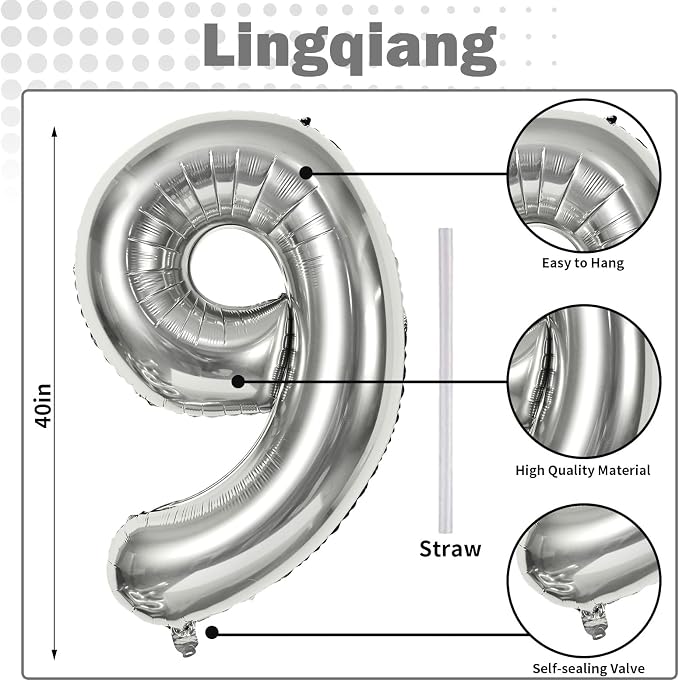 40'' Silver Number 9 Balloons for Women Men, Giant Self Inflating Foil Number - Image 2