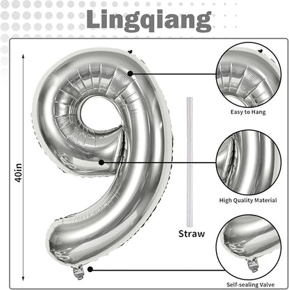 40'' Silver Number 9 Balloons for Women Men, Giant Self Inflating Foil Number - Image 2