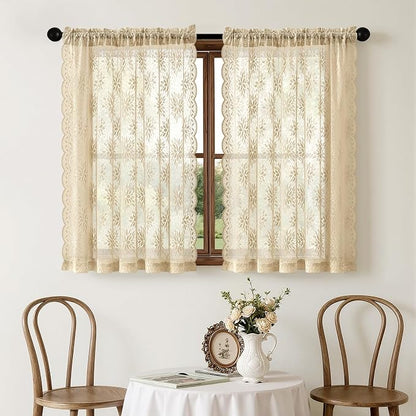 MIULEE Vintage Floral Scalloped Lace Curtains 2 Panels, Cream 52" W x 45" L | - Image 7