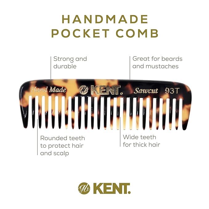 Kent 93T Tokyo Yellow Wide Tooth Small Comb for Men's Mustache and Beard Grooming, Pocket Sized Detangler Travel Comb, Saw-Cut and Polished, Handmade in England