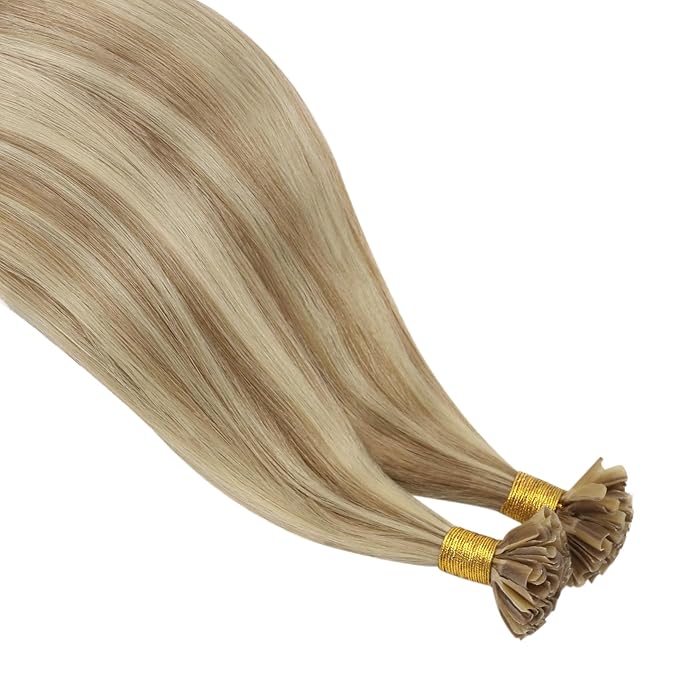 YoungSee U Tip Hair Extensions Human Hair Golden Blonde and Blond Highlight Hair Extensions Utips Hair Extension Real Human Hair Blond Ktip Hair Extension Natural Long Straight 22In 1G/S 50G