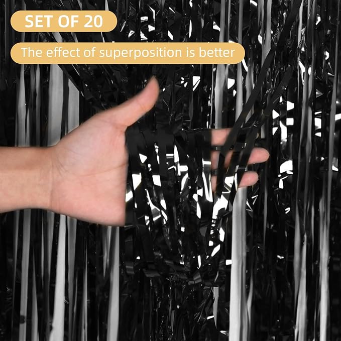 20 Pack Black Foil Curtain 3.2ft x 8.2ft Metallic Tinsel Fringe Streamer - Image 2