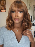 KLAIYI Brown Bob Wig Human Hair with Bangs Loose Body Wave Glueless 4x2 HD Transparent Lace Closure Chestnut Chocolate Brown with Highlight Blonde Ready to Wear and Go Beginner Wigs Pre Plucked 10Inch