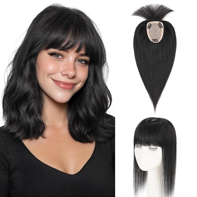 Hairro Human Hair Toppers with Wispy Bangs, 3.5x4.7" Hand-wovened Base for Women with Thinning Hair, Lightweight & Breathable Realistic Scalp, Clip-in Hairpieces for Easy Wear, 16 Inch Jet Black