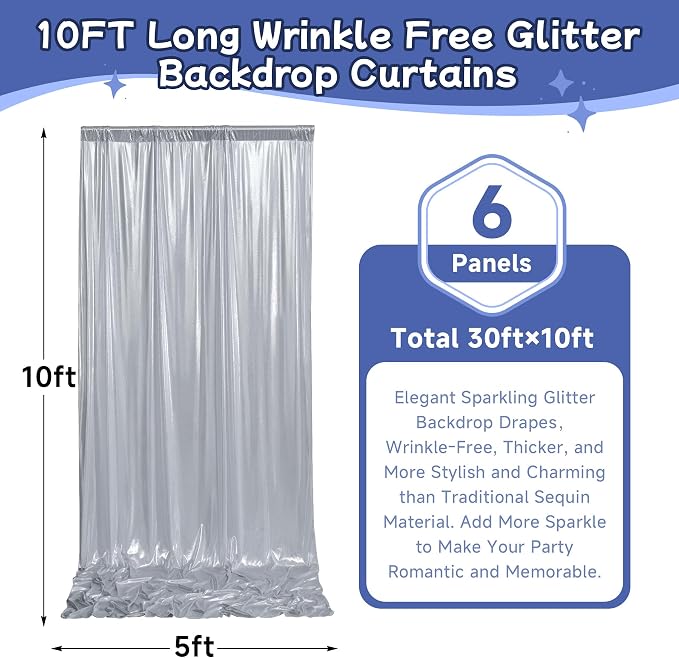 leegleri 30x10ft Thick Silver Glitter Backdrop Curtain Panels - Image 6