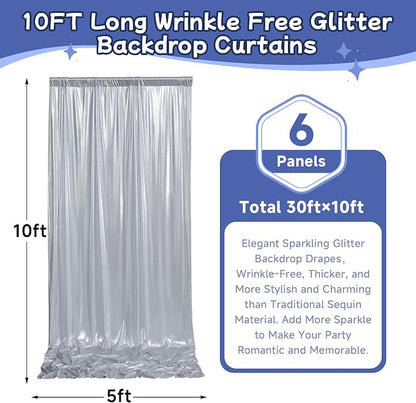 leegleri 30x10ft Thick Silver Glitter Backdrop Curtain Panels - Image 6