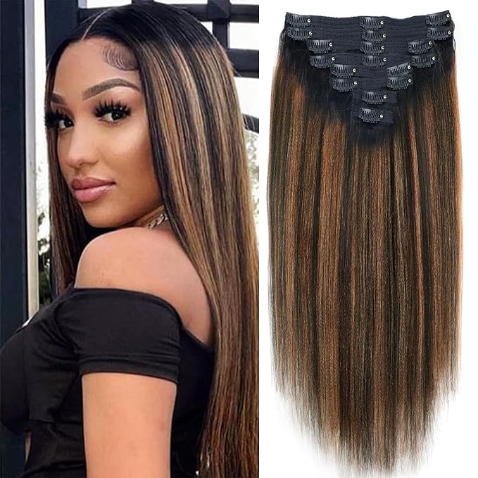 Yaki Straight Clip ins Real Human Hair Extensions For Women Highlight Hair Extensions Yaki Straight Clip in Hair Extensions(18inch,T1BP1B/30)