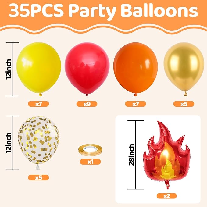 Fire Truck Balloons, 12inch Red Orange Yellow Balloons, Metallic Gold Confetti - Image 2