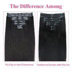 Seamless PU Yaki Straight Clip in Hair Extensions Real Human Hair For Women Invisible Yaki Straight Clip ins (20inch,#1B)
