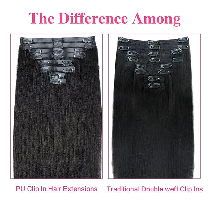 Seamless PU Yaki Straight Clip in Hair Extensions Real Human Hair For Women Invisible Yaki Straight Clip ins (20inch,#1B)