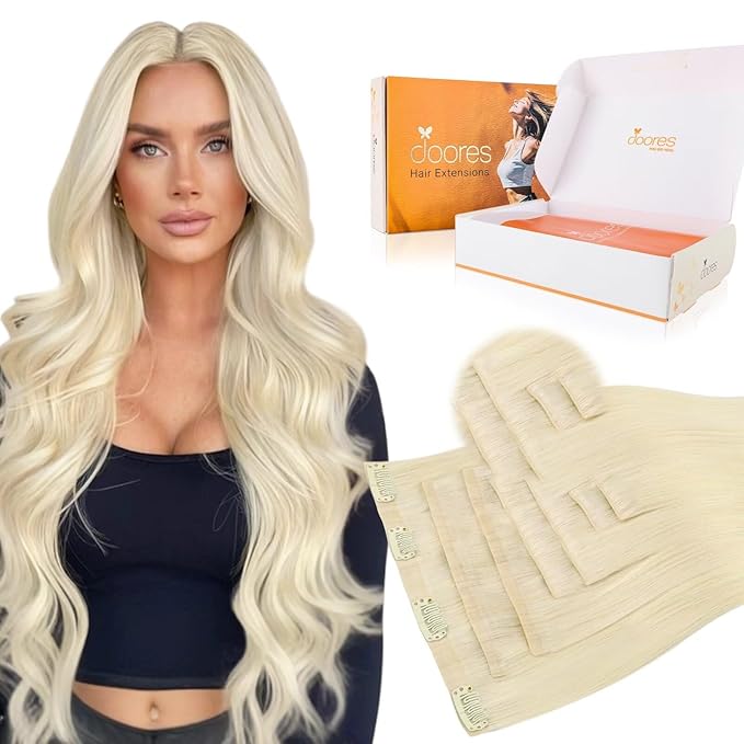 DOORES Clip in Hair Extensions Set 16 Inch 130g, 4pcs Invisi Edge Clip ins and 3pcs Classic Seamless Clip ins, Injected Virgin Real Human Hair Extensions Natural Invisible Straight, #60A