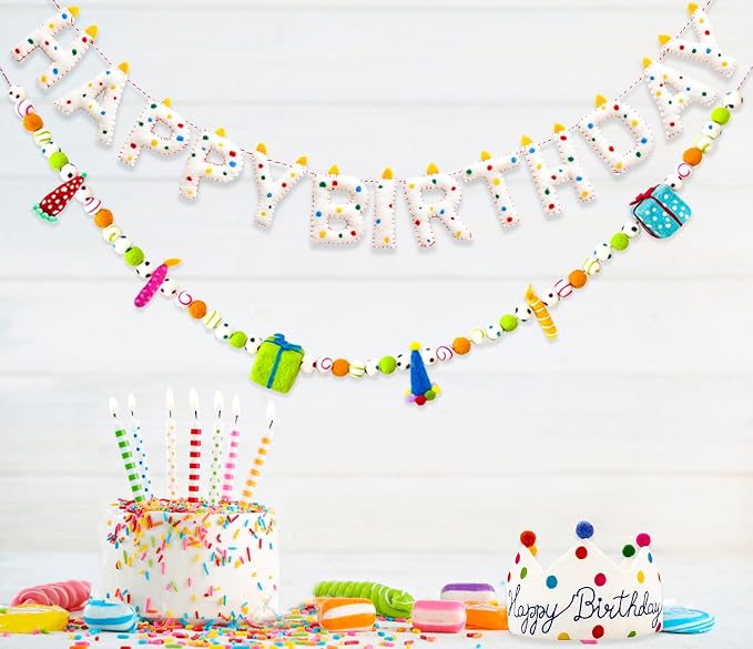 Pre-Strung Confetti Dots Handmade Wool Felt Happy Birthday Banner Garland | 3D - Image 2