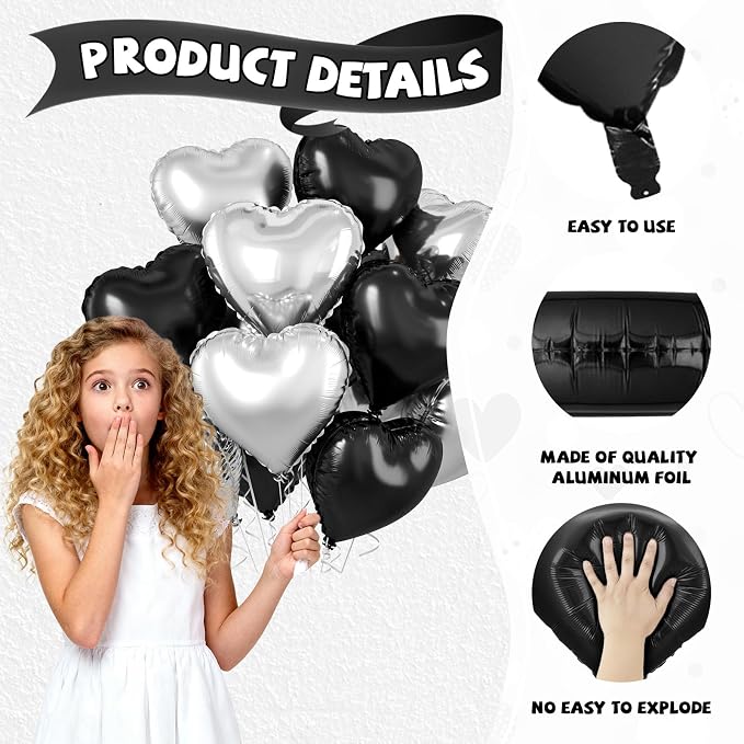 Black Silver Heart Balloons - Image 3