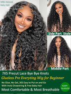 KLAIYI Bye Bye Slip™ Water Wave 7X5 Precut Lace Front Human Hair Wig Drawstring Glueless 3S Ready to Wear and Go Wig with Baby Hair Pre Plucked Bleached Bye Bye Knots Curly Wig 180%Density Full 24Inch