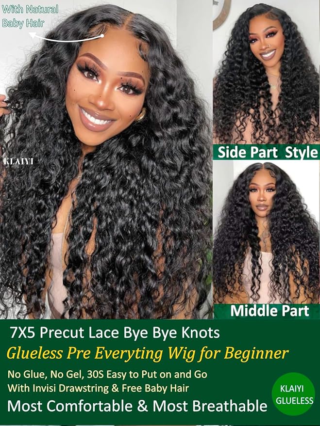 KLAIYI Water Wave Bye Bye Knots Glueless Wig Human Hair 7x5Precut Lace Front Pre Plucked Bleached Wear and Go Wig with Curly Baby Hair Drawstring 3S Ready to Go Pre Everything Beginner Friendly 22Inch