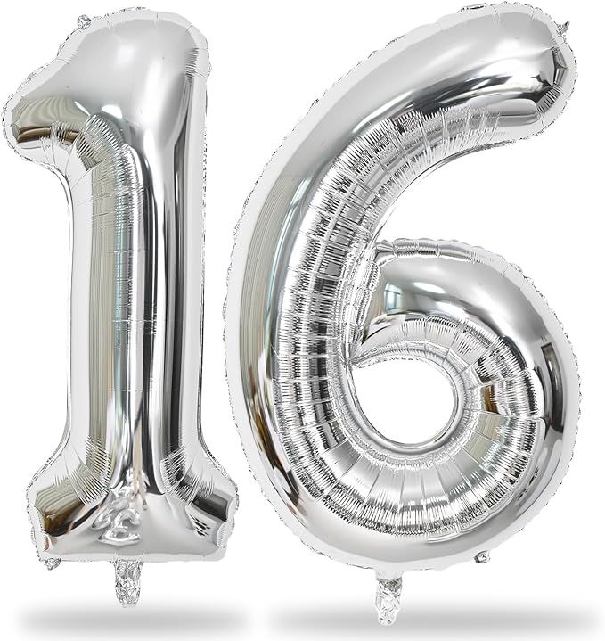 Silver 16th Birthday Balloons for Boys, 40 Inch Mylar Self Inflating 16 Balloon by Lingqiang