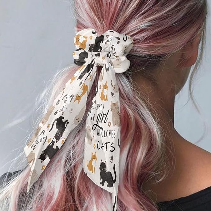 Cat Scarf Scrunchies for Women Paw Print 2 Piece Knotted Bow Hair Scrunchies Lightweight Bow Hair Tie with Knot Non Damage