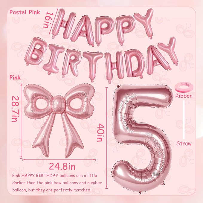 Bow Number 5 Birthday Balloons, Coquette Party Decorations Supplies - Image 6