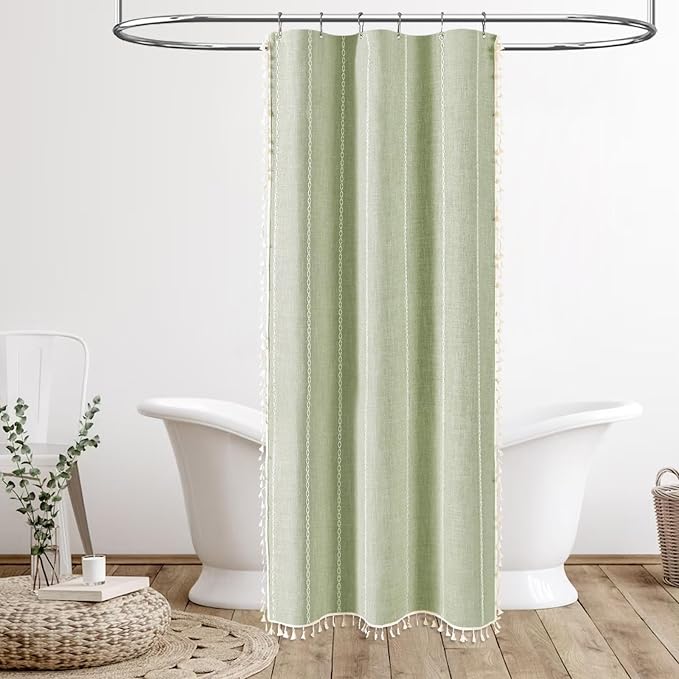 Small Boho Linen Heavy Duty Cloth Shower Curtain, Sage Green | Stall Size - Image 6