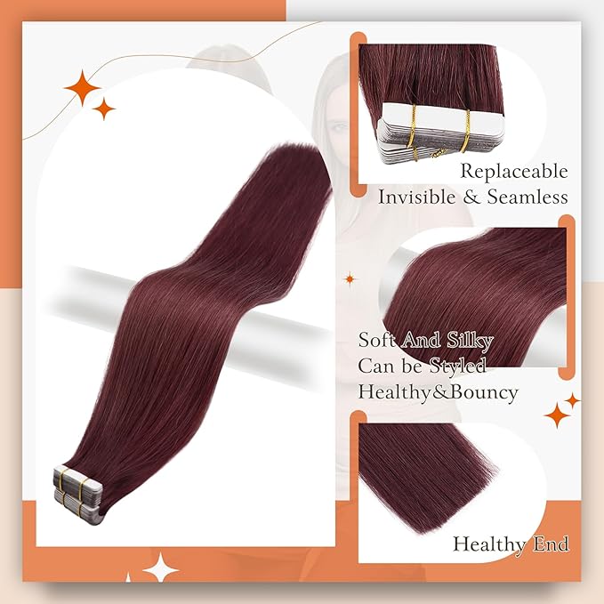Full Shine Tape ins Human Hair Extensions Wine Red 99J Seamless Skin Weft Tape in Hair Extensions 12Inch Invisible Remy Human Hair 30Gram 20Pcs Add Volume Real Hair for Party Natural
