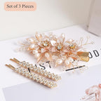 Floral Crystal Pearl Alligator Hair Clip and Rhinestone Bobby Pins, Elegant Hair Accessories for Bridal Women in Wedding or Prom, Set of 3 (Gold)