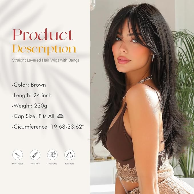 SOFEIYAN Long Straight Layered Wig with Bangs 24 Inch Synthetic Natural Hair Wig Soft Heat Resistant Long Wigs for Women Daily Party Use