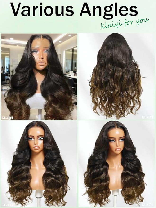 KLAIYI Ombre Brown Loose Body Wave 13x4Pre Everything Lace Frontal Chestnut Brown Drawstring Wig with Face Framing Layers Precut Lace Pre Plucked Bleached Bye Bye Knots Ready to Wear and Go Wig 22Inch