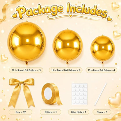 Gold Round Foil Balloons with Satin Bows and Ribbon - Image 2