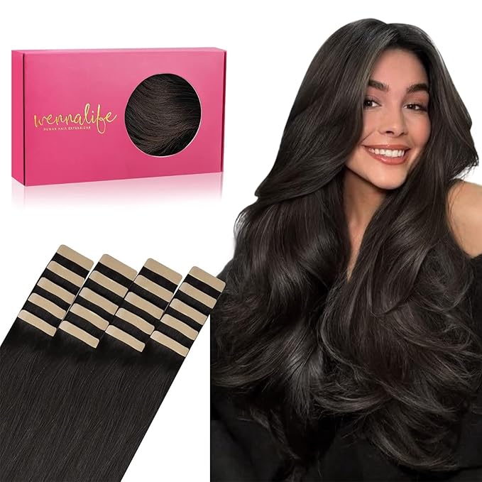 WENNALIFE Tape in Hair Extensions Human Hair, 20pcs 50g 24 inch Dark Brown Remy Hair Extensions for Women Tape Ins Straight Extensiones De Cabello Humano Skin Weft