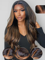 Julia Hair Bye Bye Knots Glueless Wig Highlight Balayage Brown Body Wave 7x5 Pre Cut HD Lace Front Wigs Human Hair Pre Plucked Bleached Knots Pre Everything Ready To Go Ombre Wig 18 Inch
