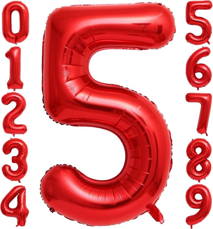 Red 5 Number Balloons, 40 Inch 5 Balloons Foil Mylar Helium Big Red 5 Balloon by BBPOOL