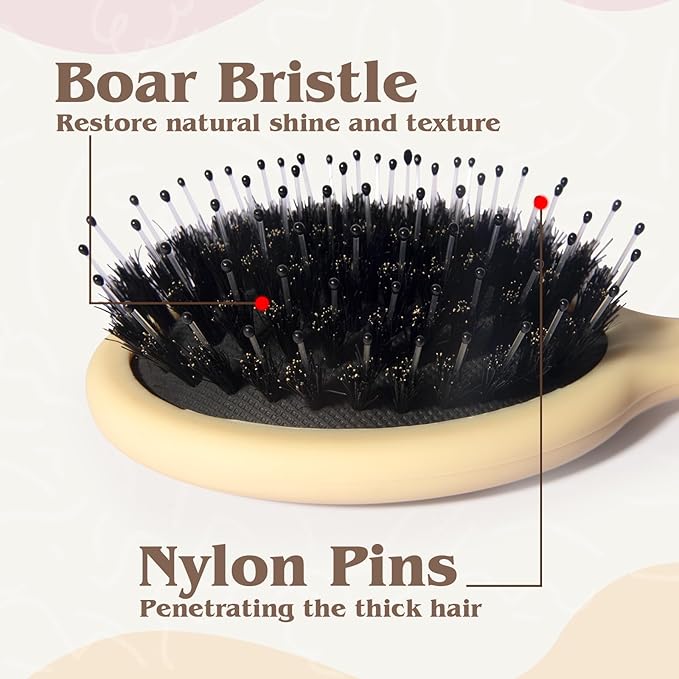 Mini Boar Bristle Hair Brush - Boar & Nylon Bristle Small Brush for Women Kids Long Short Hair to Smooth Add Shine - Travel Size Hair Brush for Purse,Pocke, Yellow