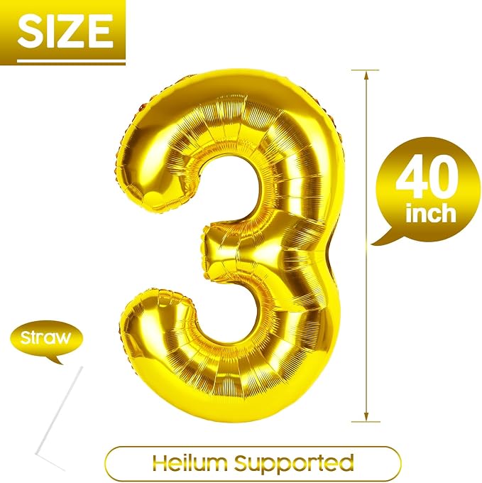 3 Balloon - Gold Birthday Number Balloons, 40 Inch Decorations Men Women | Gold - Image 5