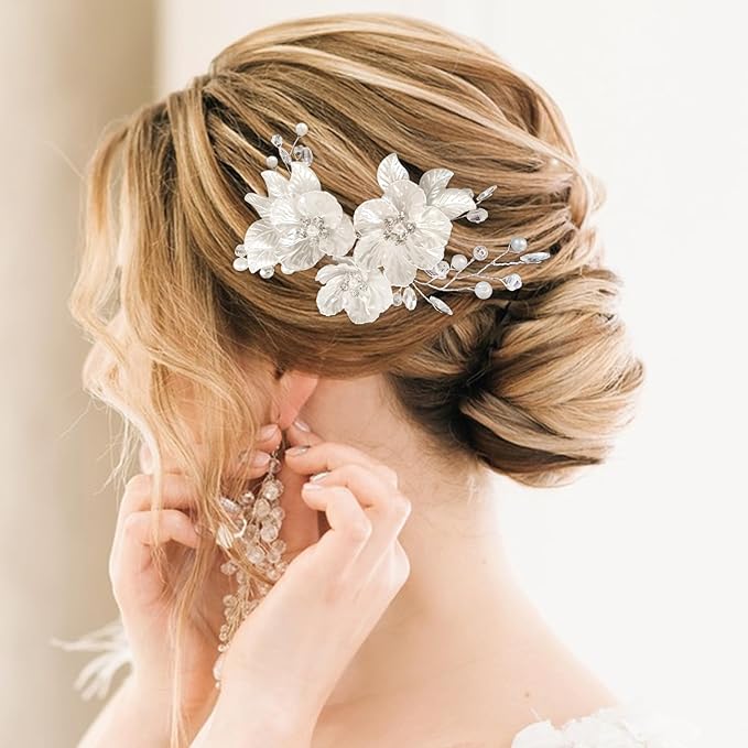 Bride Flower Silver Piece Pearl Hair Clip,Wedding Hair Accessories for Women and Bridesmaids,Silver Pearl Crystal Fancy Clip