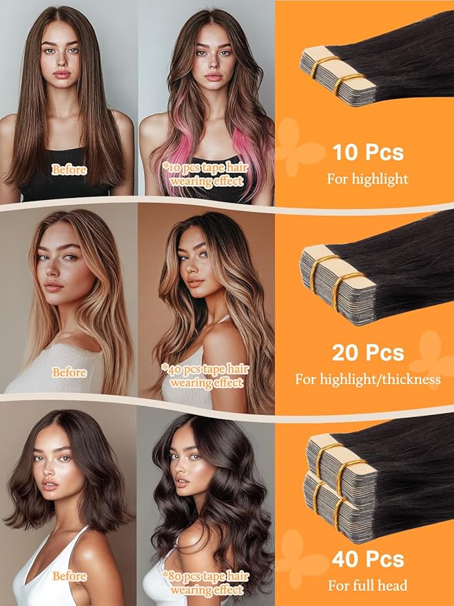DOORES Tape in Hair Extensions, 100g 40pcs 18 Inch Balayage Natural Black to Chestnut Brown, Straight Skin Weft Human Hair
