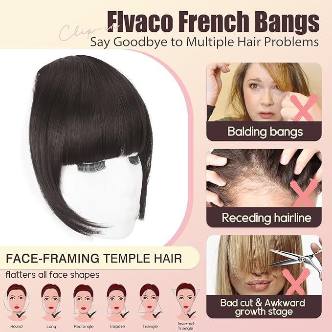 Clip in Bangs, Synthetic French Bangs Hair Clip, Dark Brown Fake Bangs Fringe with Temples Hairpieces for Women Natural Curved Hair Extensions for Daily Wear