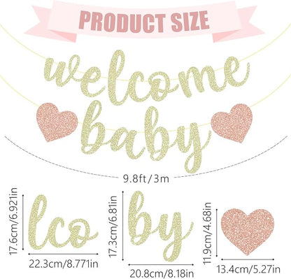 Pre-Strung Welcome Baby Banner | Champagne Gold Glitter Baby Shower Decorations - Image 3
