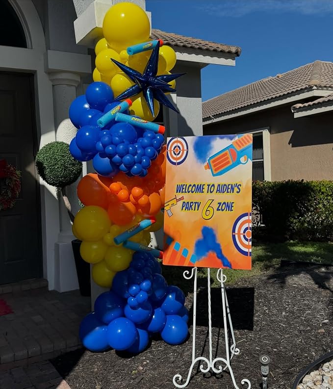 Blue Orange Yellow Balloon Arch Garland Kit Boys Ready Aim Shoot Dart Gun - Image 7