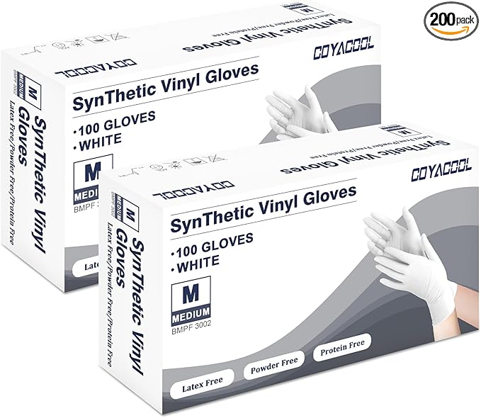 Disposable Gloves Medium, Nitrile and Vinyl Blend Material Gloves, Latex Free, 4 Mil 200 Pc Food Grade Glove for Cleaning, Food Prep, Hair Dye, Tattoo, White