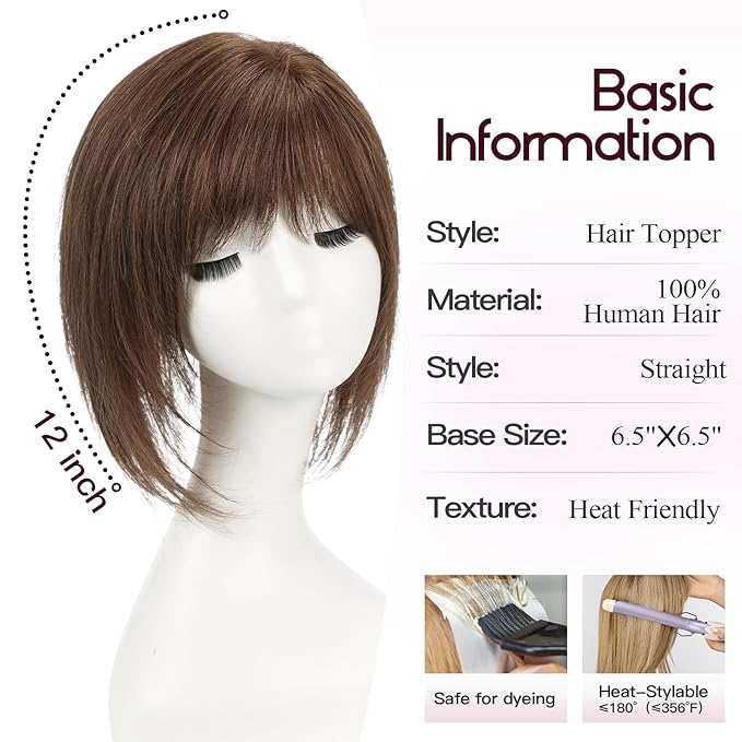 EMMOR 12 Inch Human Hair Topper for Women - Real Hair Topper with Bangs & 6.5" × 6.5" Larger Base, Natural Thin Hair Solution for Women(Brown)