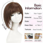 EMMOR 12 Inch Human Hair Topper for Women - Real Hair Topper with Bangs & 6.5" × 6.5" Larger Base, Natural Thin Hair Solution for Women(Brown)