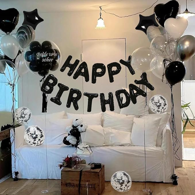 27 Pcs Black Birthday Decorations, 3D Foil Black Happy Birthday Balloon Banner - Image 3