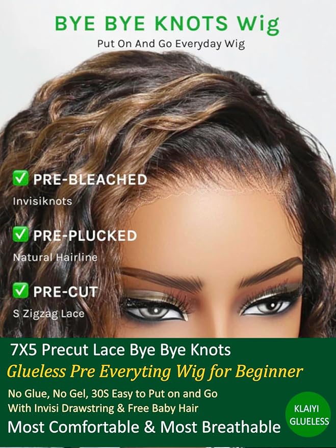 KLAIYI Golden Brown Water Wave Bye Bye Knots Glueless Wig Human Hair Highlight 7x5 Precut Lace Front Pre Plucked Bleached Ombre 3S Ready to Wear Go Beginners Wig with Dark Roots Deep Curly Wave 24Inch