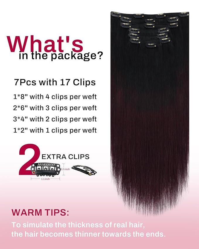 Moresoo Human Hair Clip Extensions Balayage Black to Burgundy Real Hair Ombre Black to Wine Red Double Weft Clip in Human Hair Extensions 7Pcs/120G 24inch