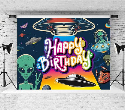 Funny UFO Happy Birthday Decorations Backdrop, Outer Space Universe Flying - Image 4