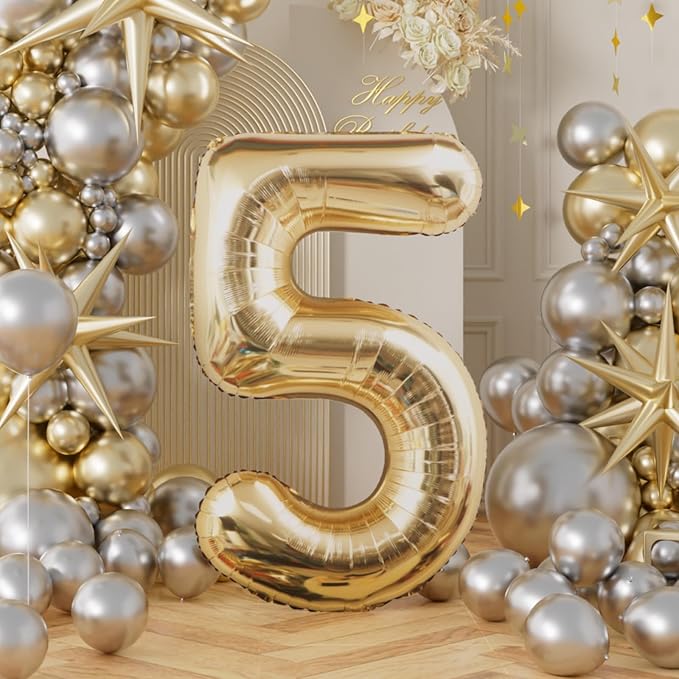 AULE 40 Inch Light Gold 5 Balloon Number Foil 0-9 Birthday Big Numbers | - Image 3