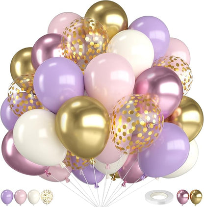 Pink and Purple Balloons, 12 Inch Metallic Pink Light Purple White and Gold by FunHot
