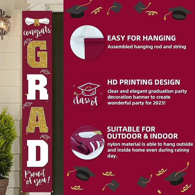 Graduation Decorations 2026 Banner Porch Sign Maroon Burgundy Red Gold - Image 3